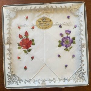 Pair Vintage Swiss Embroidered Handkerchiefs